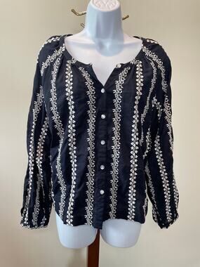 Ann Taylor Factory Navy Blue Embroidered 100% Cotton Button‑Up Top Size L
